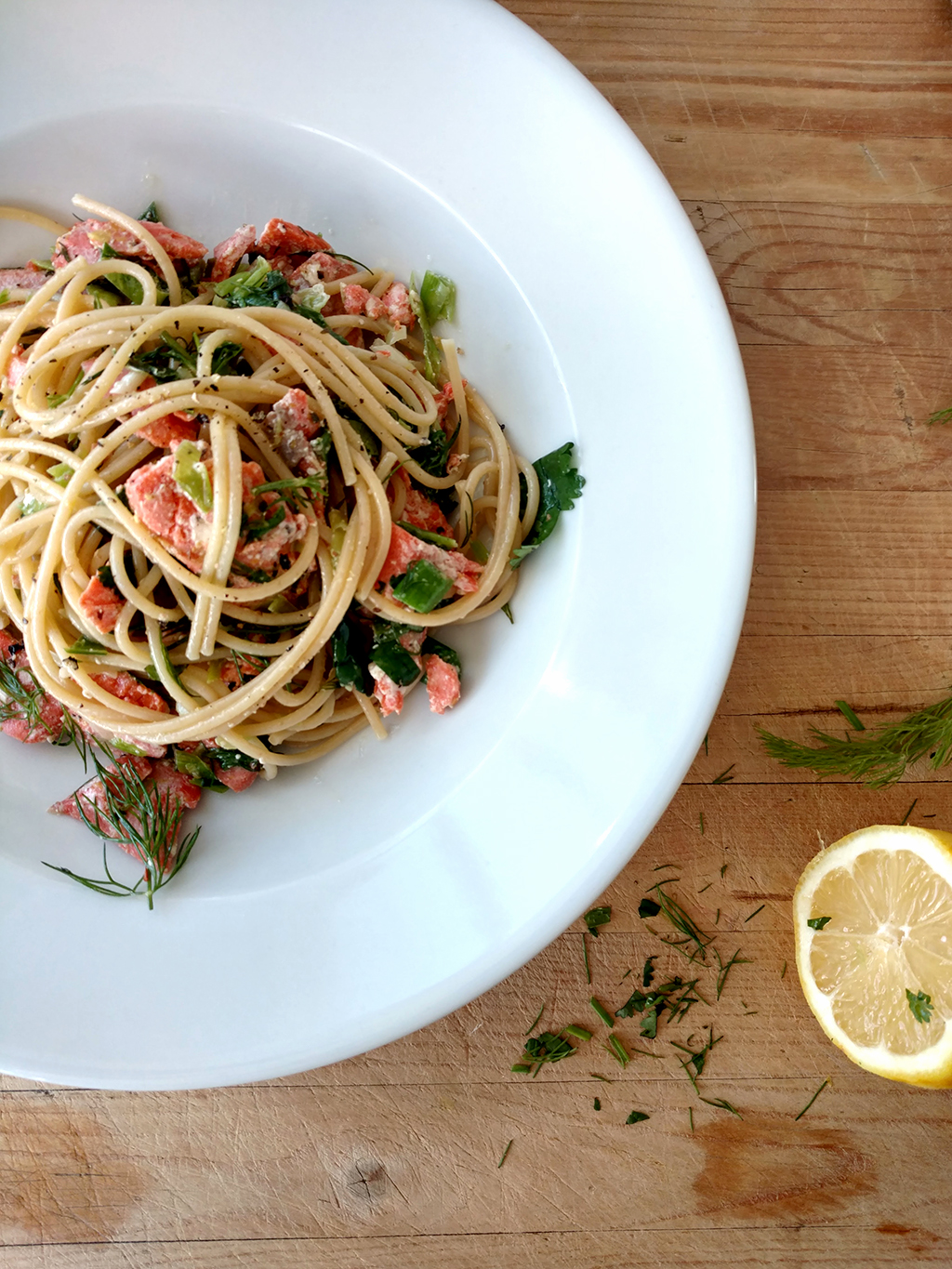 15-Minute Salmon Pasta with Green Garlic and Fresh Herbs