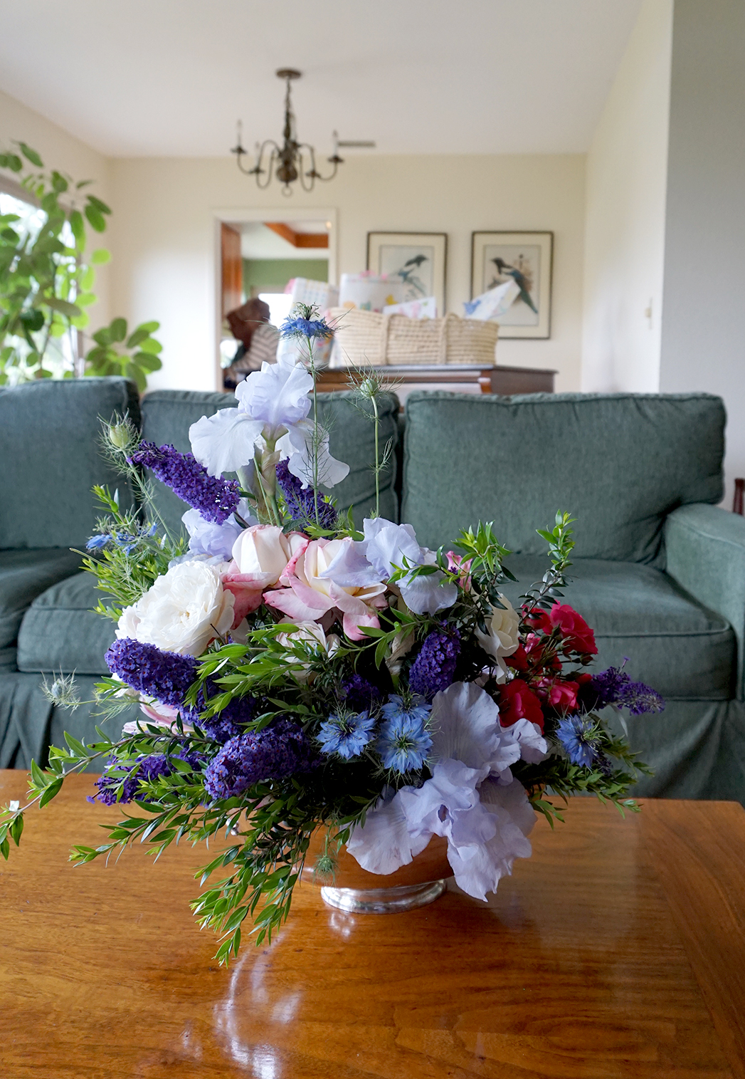 Iris and garden rose arrangement